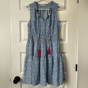 THML Anthropologie Smocked Waist Blue and White Patterned Sun Dress with Tassels